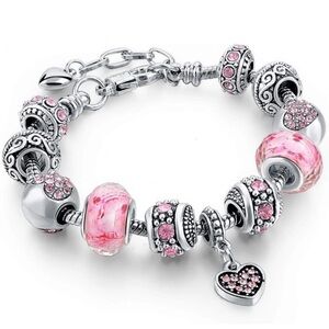 Charms Pink Hearts Silver Plated Charm Bracelet Set, Jewelry Gifts with Beads